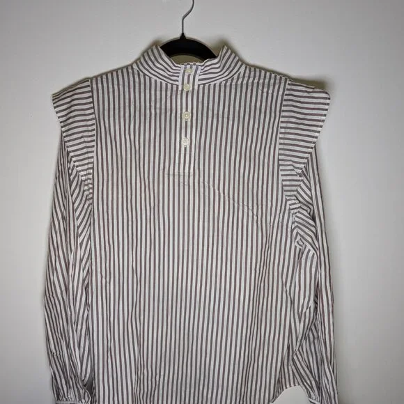 Everlane Shirt Women 8 NWT Brown And White The Wing Shoulder Mockneck Silky - Picture 3 of 5